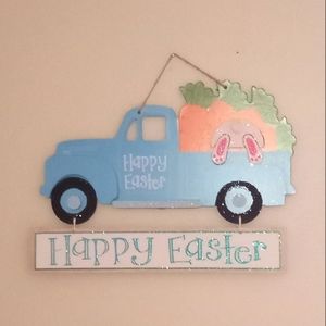 All🐥3/$25 🐰 Blue Truck & Bunny "Happy Easter" Glittery Wooden Wall Decor NWT